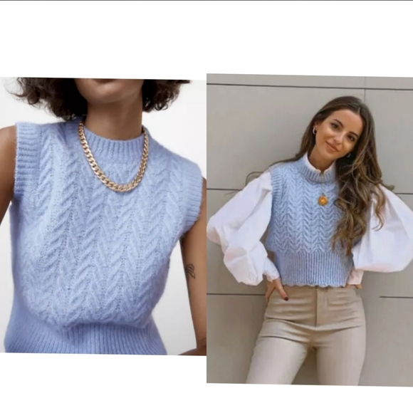 Zara Sweaters - Zara Cable Knit Wool  Alpaca Blend Baby Blue Vest Womens Size Medium